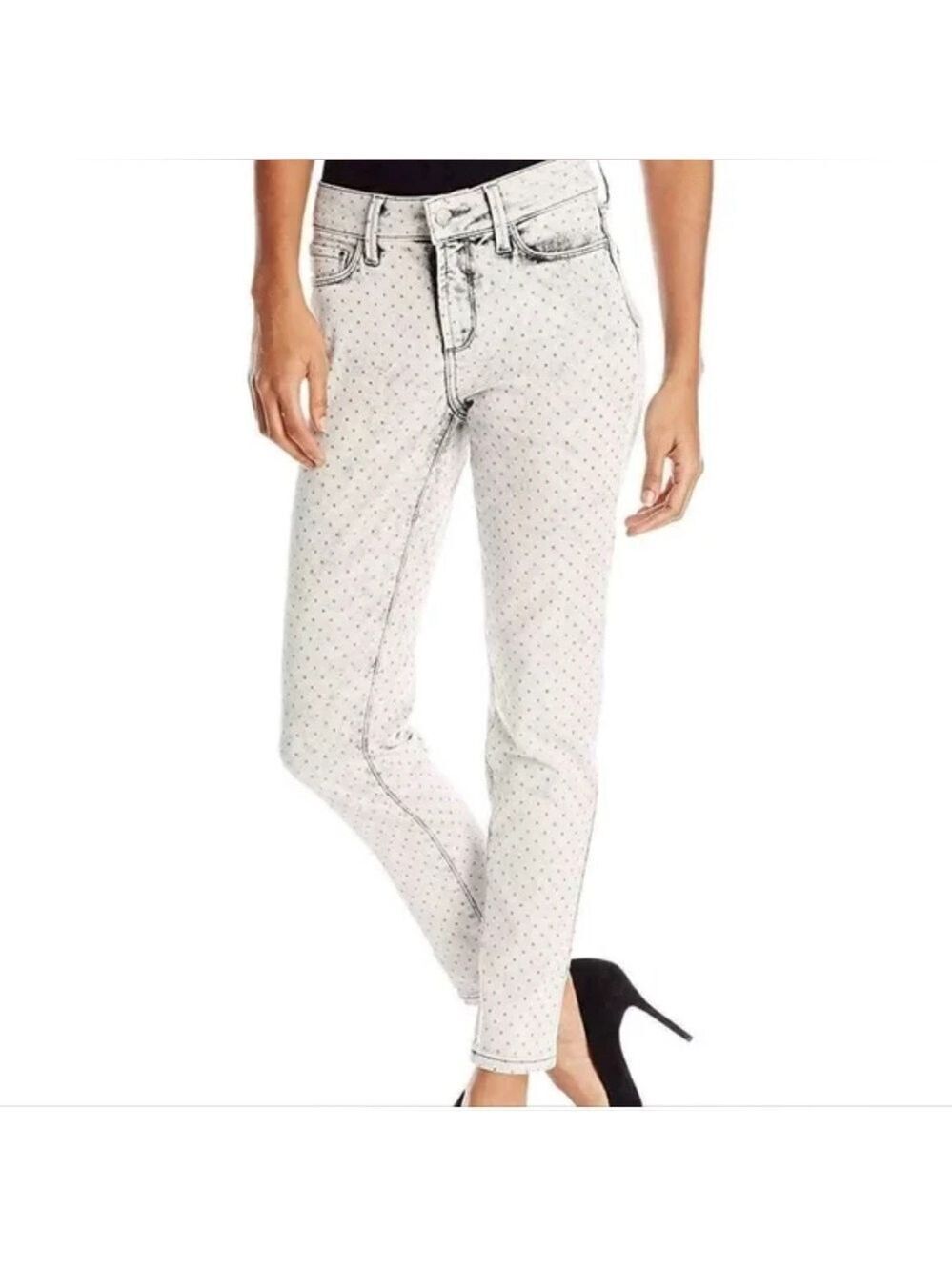 NYDJ Clarissa Ankle Polkadot Silver Metallic Distressed Slimming Fit Jeans 14